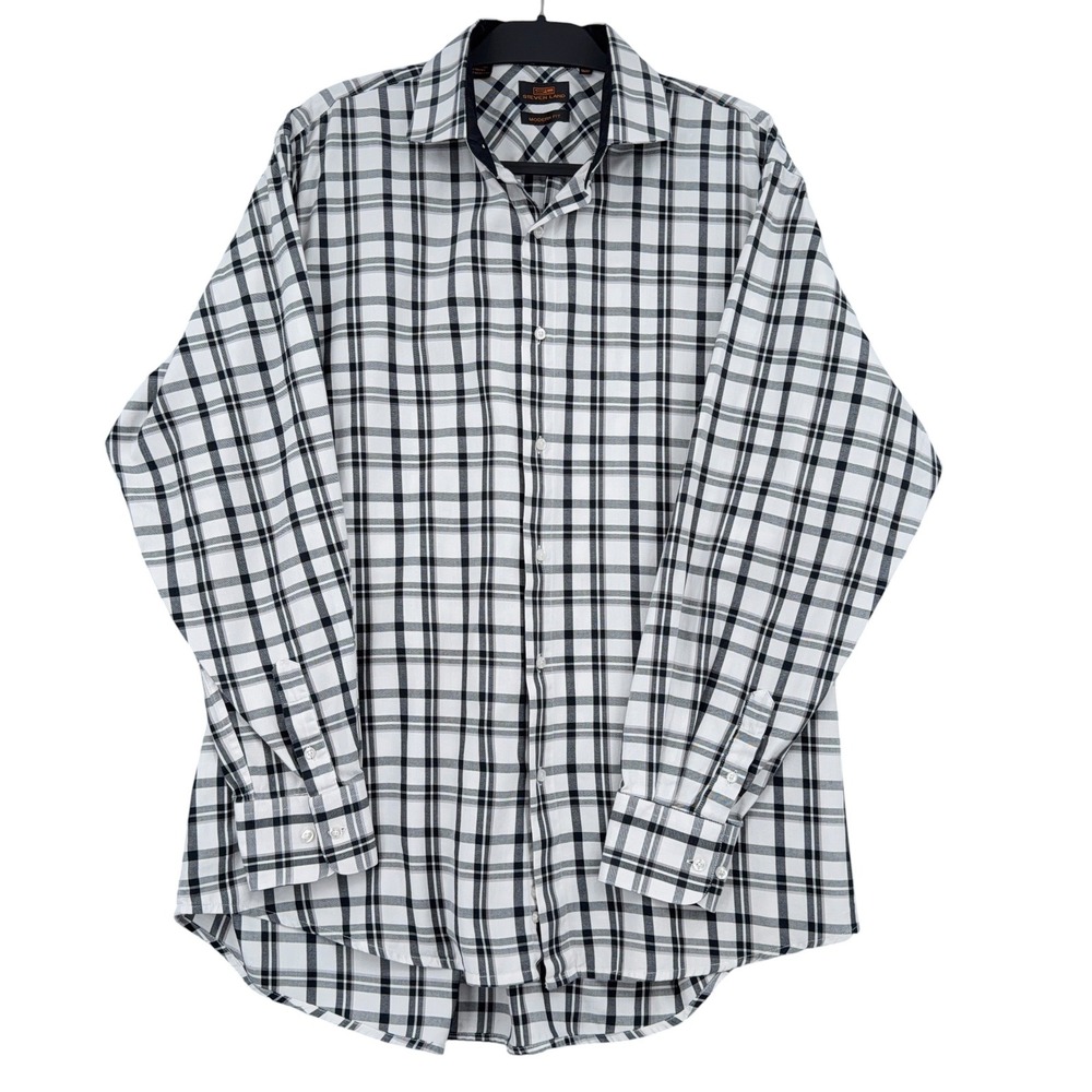 Steven Land Modern Fit Dress Shirt Mens 17.5 36/37 Tall Cotton White Black Plaid